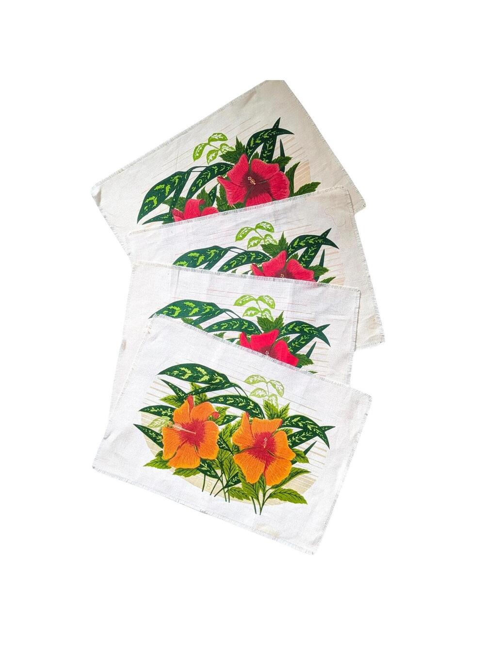 Vintage Screenprinted Floral Linen Placemats with Hibiscus Print